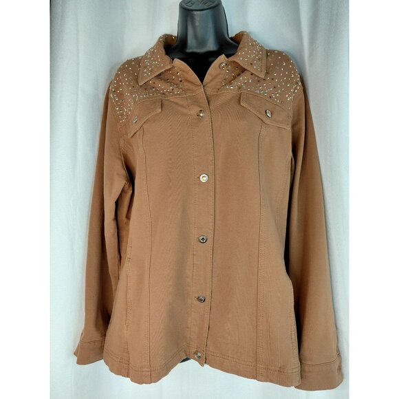 Brown Rhinestone Studded Button-Up Jacket With Chest Pockets & Collar - Picture 1 of 11
